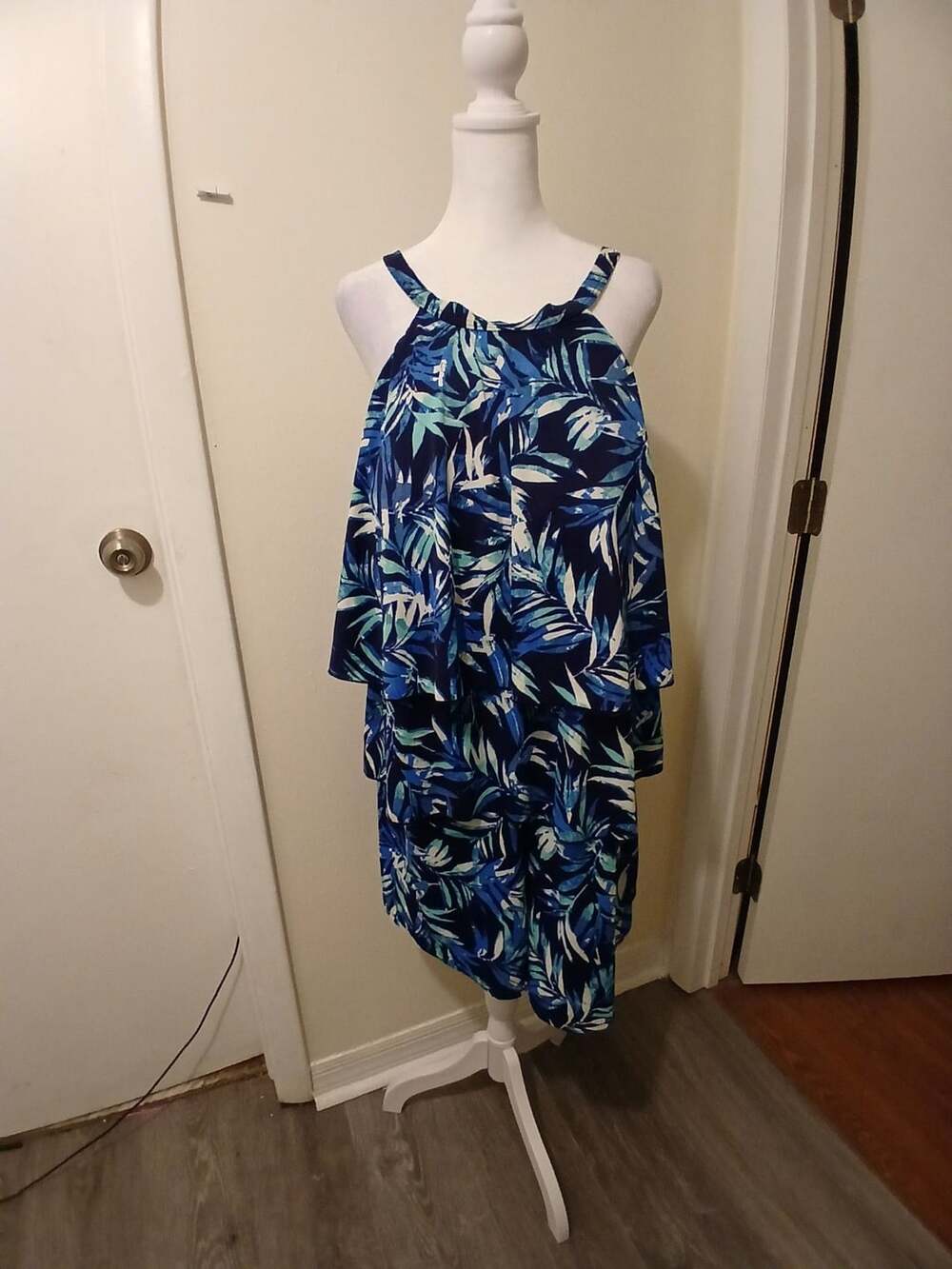 Fit 4 U Women's Size 20W Blue Leaf Print Tiered Swim Romper